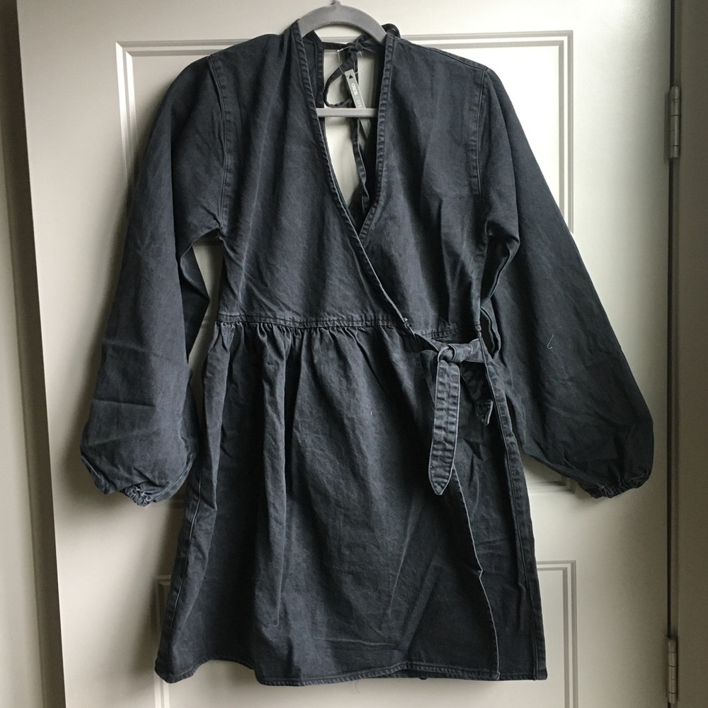 Denim Wrap Puff Sleeve Smock Mini Dress Tall